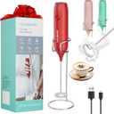HAUSHOF Powerful Rechargeable Milk Frother Wand with Stand, Handheld Electric Foam Maker, Drink Mixer with Detachable Stainless Steel Whisk for Coffee Latte, Cappuccino, Matcha, Red