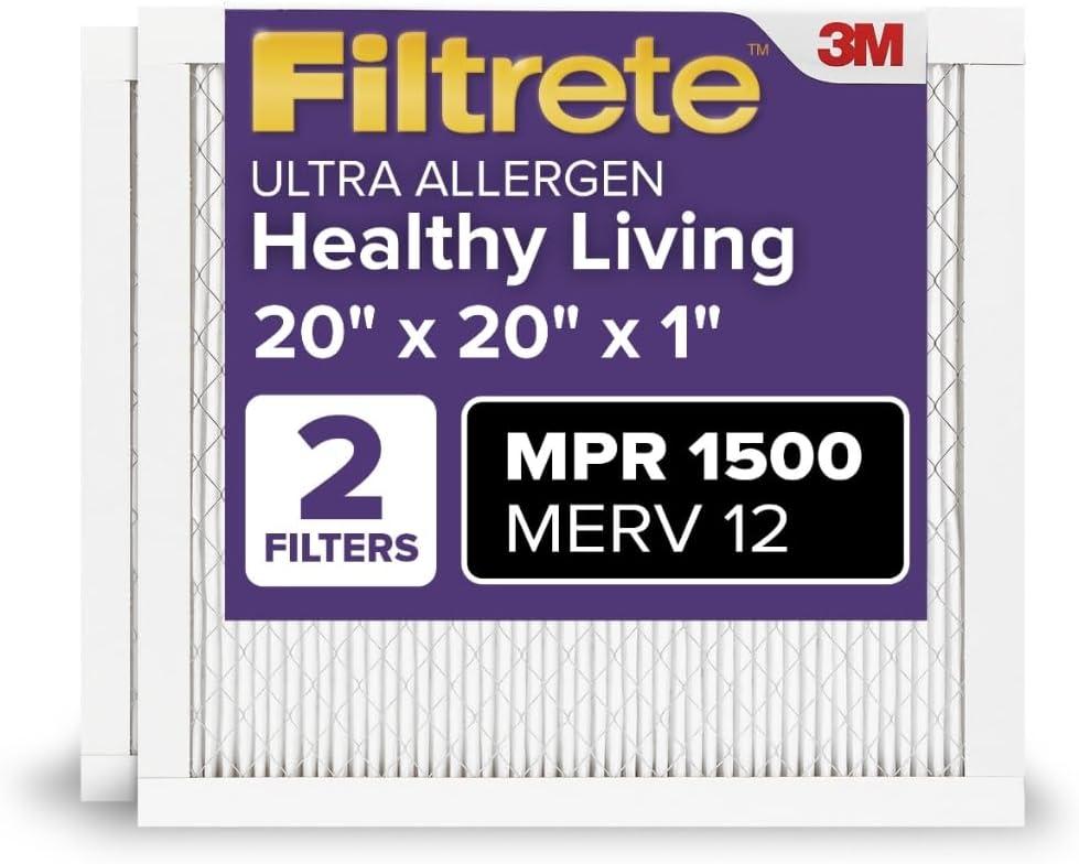 Filtrete 20x20x1 AC Furnace Air Filter, MERV 12, MPR 1500, CERTIFIED asthma & allergy friendly, 3 Month Pleated 1-Inch Electrostatic Air Cleaning Filter, 2-Pack (Actual Size 19.69x19.69x0.78 in)