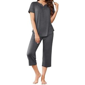 Ekouaer Womens Pajama Sets Ruffle Short Sleeve Sleepwear Top and Capri Pants Pjs Set Comfy 2 Piece Lounge  Size L