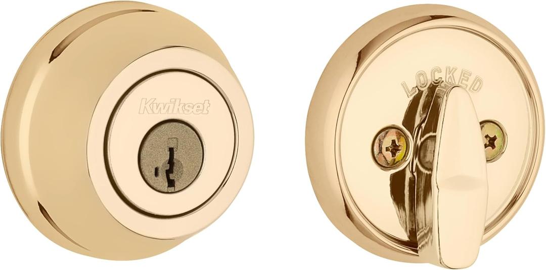 Kwikset 780 Deadbolt Lock, Polished Brass Round Exterior Keyed Front Entry Door, Pick Resistant SmartKey Rekey Security, Single Cylinder Dead Bolt, with Microban Protection