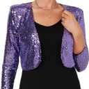 Women's Sequin Shrug Jacket Long Sleeve Open Front Glitter Blazer Bolero Wedding Party Sparkly Cropped Cardigan (Purple, M)