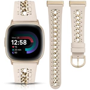 Minyee Leather Band Compatible with Fitbit Versa 4/3/Fitbit Sense 2/1 Bands Women, Dressy Premium Leather Designer Strap with Stainless Steel Metal Chain for Versa 3 4 Sense 2 Smartwatch (Starlight/Champagne Gold)