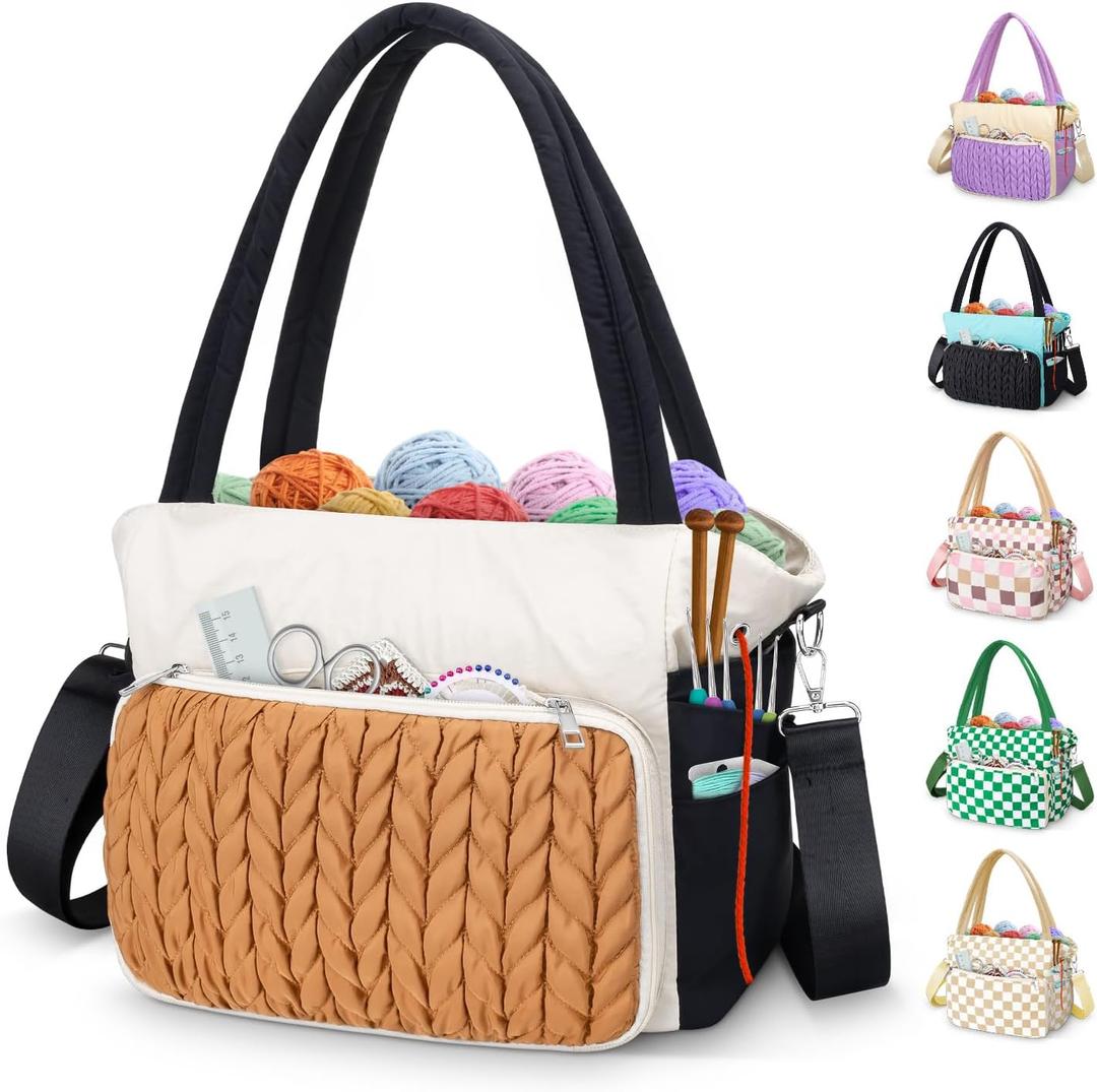 DALINDA Crochet Bag Organizer,Yarn Bag and Tote- Yarn Storage with Multiple Pockets for Crochet Supplies, Knitting Bag for Gifts,Portable & Durable(Brown)