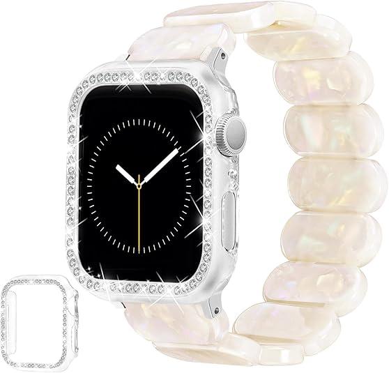 Stretchy Tortoise Resin Bracelet & Case Compatible with Apple Watch Band 40mm 38mm 41mm 42mm 44mm 45mm Women, Cute Lightweight Straps Fashion Elastic Wristbands for iWatch Series 9 8 7 6 5 4 3 2 1 SE