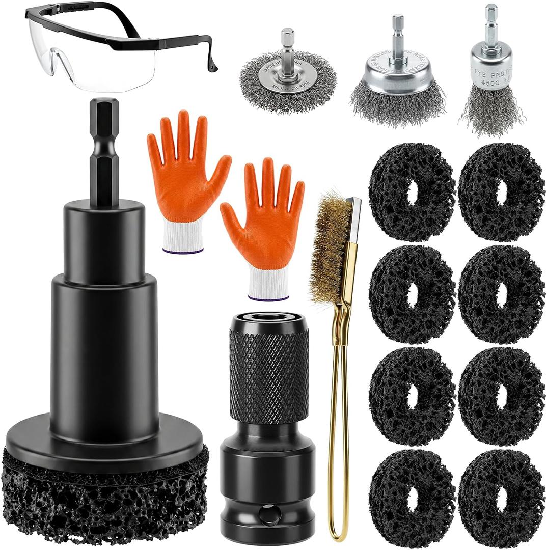 Wheel Hub Cleaning Tool Kit, 17 PCS Wheel Stud Rust Remover Tool with Goggles & Gloves, Surface Cleaning Pad Fits 1/2" Impact Wrench & Drill, for Vehicle Rotors, Hubs and Brake Service