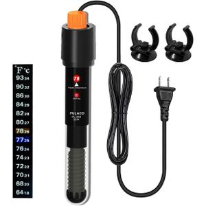 PULACO 50Watt Aquarium Heater for 6-15 Gallon Fish Tank, Adjustable Submersible Heater Thermostat with Thermometer Strip and Suction Cup