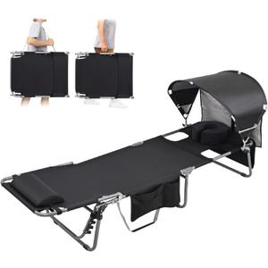 Oversized Extra Wide Tanning Chair with Sun Canopy Face Hole Padded Adjustable Washable, Heavy Duty Layout Folding Lounge Chair for Outside Beach Reading Sunbathing, UPF 50+, XL, Plus Size, 330 LBS