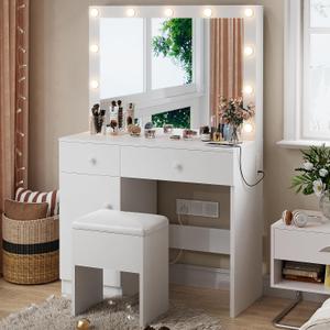 Haewon Vanity Desk with Mirror, 11 LED Lights and Power Outlet, Makeup Vanity Set with Storage Cabinet, Drawers and Chair, White Dressing Table with 3 Adjustable Light Modes for Bedroom, Medium