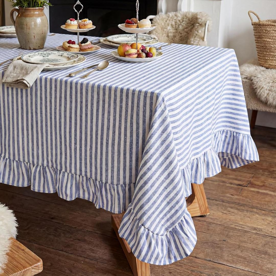 Scalloped Ruffle Tablecloths Embroidery Rectangle 84 x 60 Inches, Amalfi Stripe Design Blue and White Tablecloths for Dinners, Parties, Spring, Holiday, New Year, Machine Washable