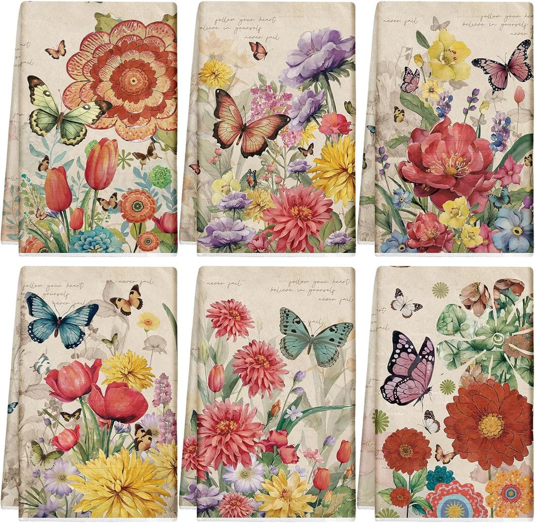Patelai 6 Pcs Vintage Flowers Kitchen Towels Butterfly Summer Spring Dish Hand Towels Hummingbirds Absorbent Washcloth for Fall Home Housewarming Gift, 21.26 x 14.17''(Multicolor,Butterfly)