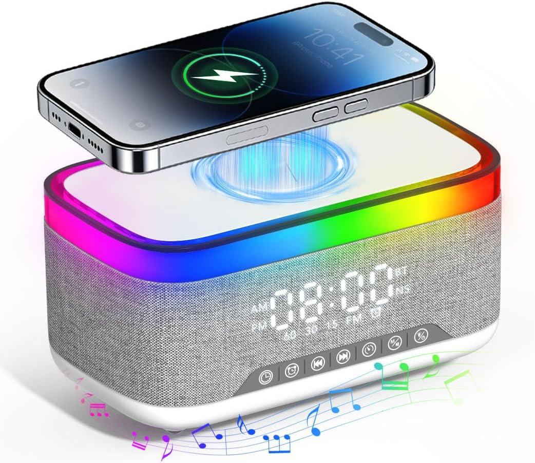 Bluetooth Speaker with Wireless Charging, Alarm Clock Radio for Bedrooms 6 in 1 Dimmable Digital Clock with FM Radio White Noise Charging Station RGB LED Night Light for iPhone Samsung