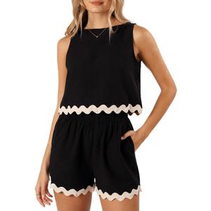 Tankaneo Womens 2 Piece Vacation Outfits Lounge Sets Casual Cropped Tank Tops Shorts Matching Set (Medium, Black)