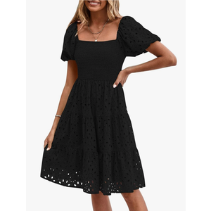 PRETTYGARDEN Womens Summer Puff Sleeve Mini Dress Off Shoulder Eyelet Smocked A Line Casual Babydoll Short Dresses M
