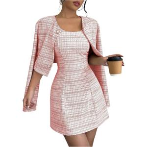 SOLY HUX Women's 2 Piece Outfits Plaid Long Sleeve Button Down Cropped Jacket and Sleeveless Mini Dress Sets (Medium)