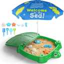 Turtle Sandbox with Lid and Adjustable Umbrella, Large Square Sand Box with 6 Molds & 4 Shovels, Outdoor Beach Toys for Toddlers Ages 3+, 38.6 x 38.6 x 5.1 inches