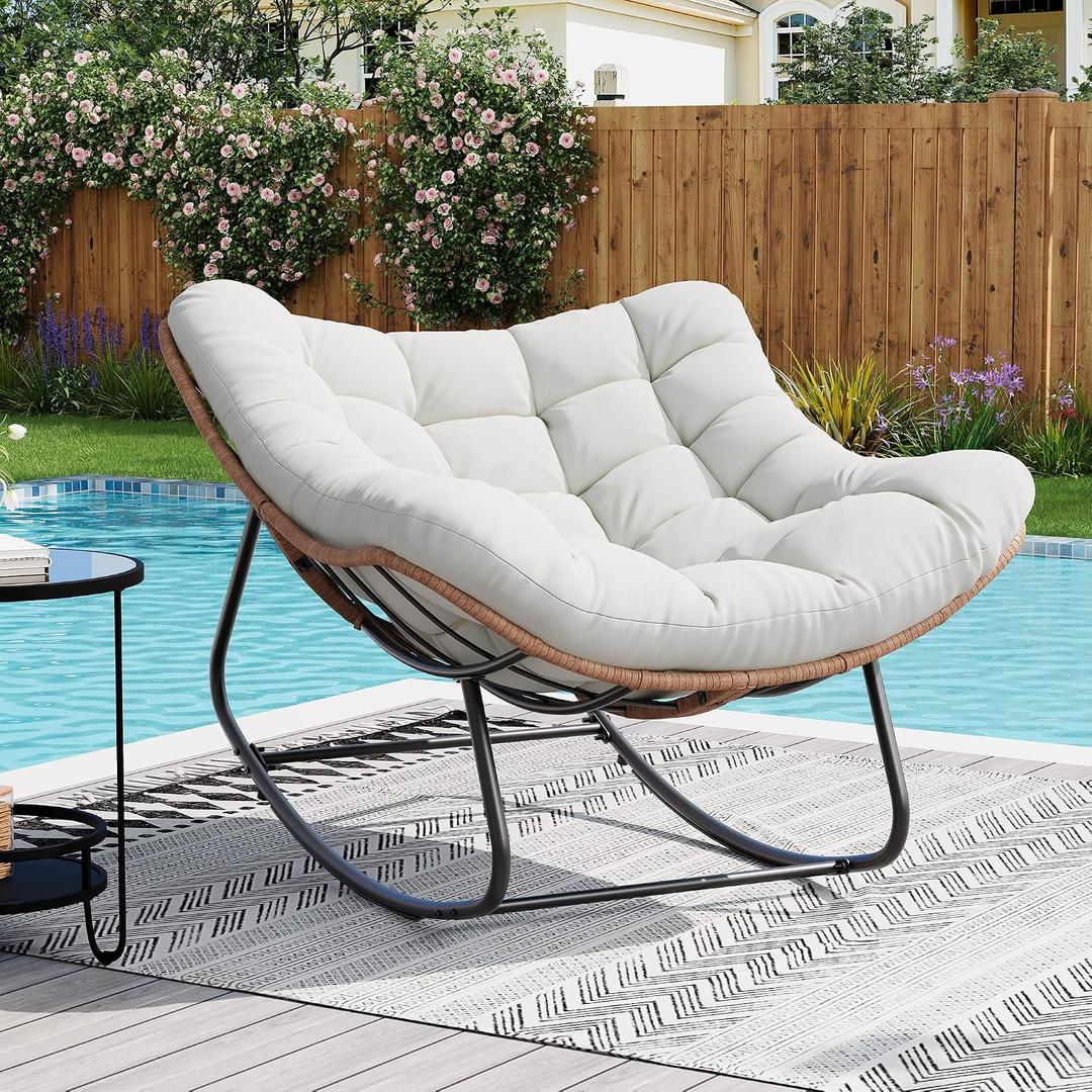 Garvee Outdoor Rocking Chair, Oversized Papasan Chair with Cushion | Metal & PE Rattan Frame, 400LBS Capacity, Ideal for Patio, Garden or Living Room, Gentle 30° Rocking Comfort