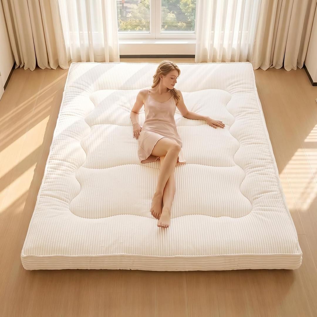 Japanese Floor Futon Mattress,4 Inch Memory Foam Mattress Topper Full,2 Inch Firm Cooling Gel Memory Foam and 2 Inch Soft Down Alternative for Back Pain Relief,Medium Support,Beige