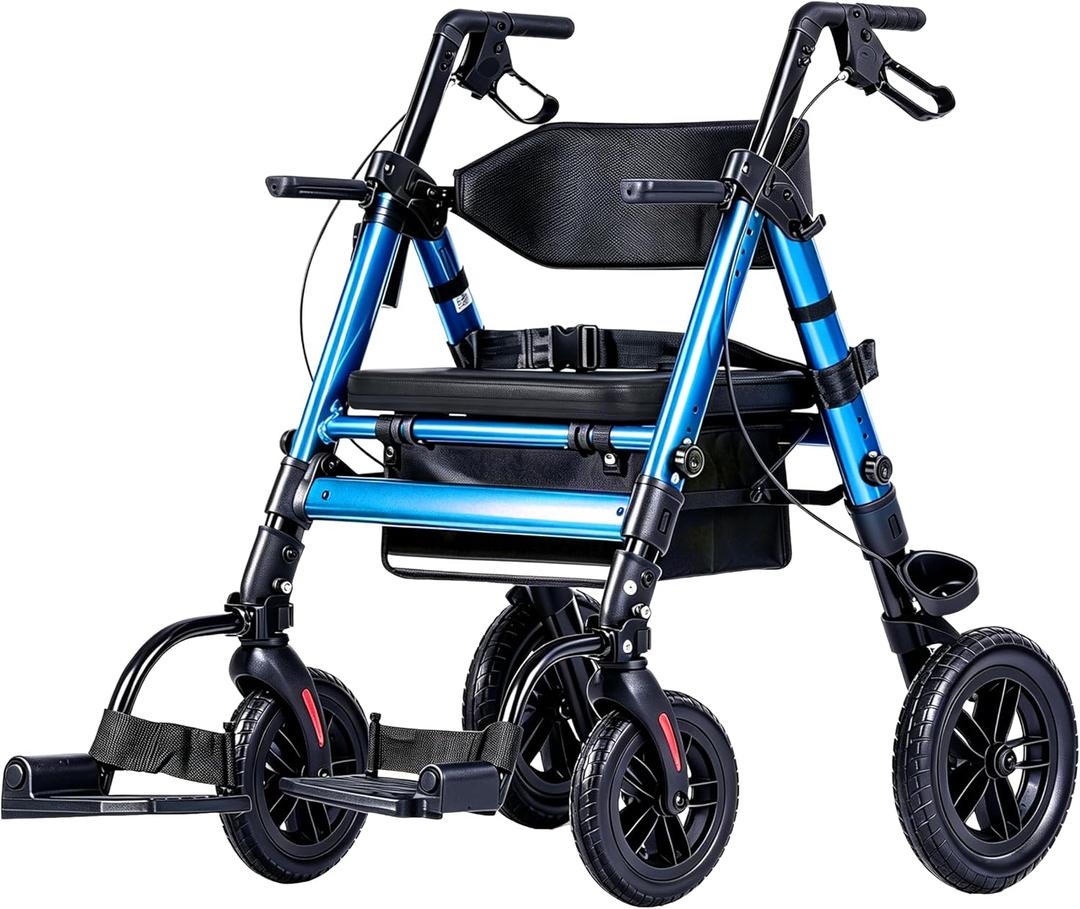 Ambliss 2-in-1 Rollator Walker Transport Chair Heavy Duty 450 lbs Rolling Walkers with Seat for Seniors, 10" Rear & 8" Front All Terrain Wheels, Adjustable Height, Folding Mobility Aid for Adults