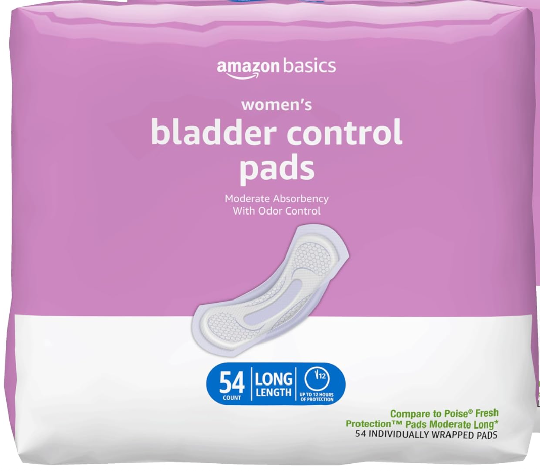 Amazon Basics Incontinence Pads for Women Long, Bladder Control, Postpartum, Moderate Absorbency, Unscented,  54 Count