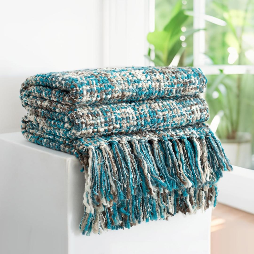Multi-Color Teal Cable Knitted Throw Blanket for Couch,50"X60" Boho Style Textured Blankets for Home Decor,Super Soft Warm Cozy Chunky Knit Blanket with Decorative Tassels for Bed and Sofa