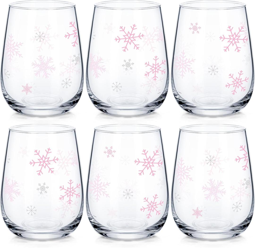 Maxcheck Snowflake Winter Wine Glass Set, Set of 6 Stemless Glasses with Snowflake Design Christmas Birthday Gift for Family Xmas Winter Present Holiday Party Gift, 17 oz (Pink)