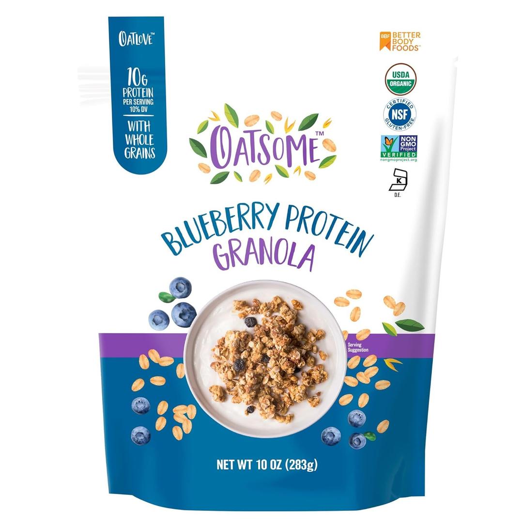 Oatsome Blueberry Protein Granola, 10g Protein, Gluten Free, Made with Whole Grain Organic Oats, Real Blueberries, & Hemp Seeds, for Protein Snacks Cereals Breakfast Yogurt, 10 Oz Bag (EXP 03/05/26)