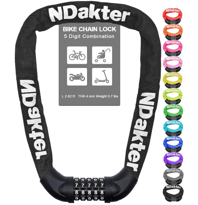 NDakter Bike Chain Lock, 5 Digit Combination Heavy Duty Anti Theft Bicycle Chain Lock, 3.2Ft Long Security Resettable Bike Locks for Bike, Bicycle, Scooter, Motorcycle, Door, Gate, Fence