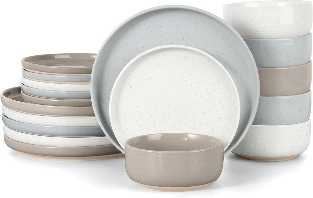 LIANYU Dinnerware Set for 6, 18PCS Dining Plates and Bowls Dishes for Kitchen Dining, Ceramic Dinner Set, Scratch Resistant & Dishwasher Safe, Assorted Colors