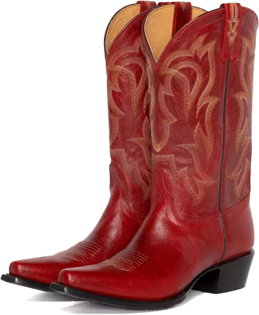 Yolkomo Cowboy Boots for Women Red Western Cowgirl Boots, Pointed Toe, Mid Calf, Knee High (Red)