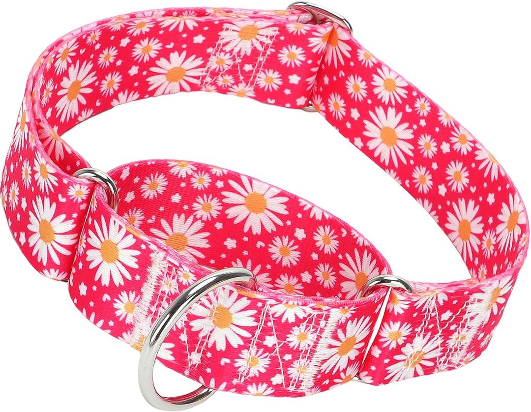 1.5 Inch Martingale Dog Collar - No Pull Daisy Design Nylon Training Collar for Medium, Large & XL Dogs | Heavy Duty Adjustable Choke-Free Collar for Large Breed Pets (Hot Pink Daisy L (3)