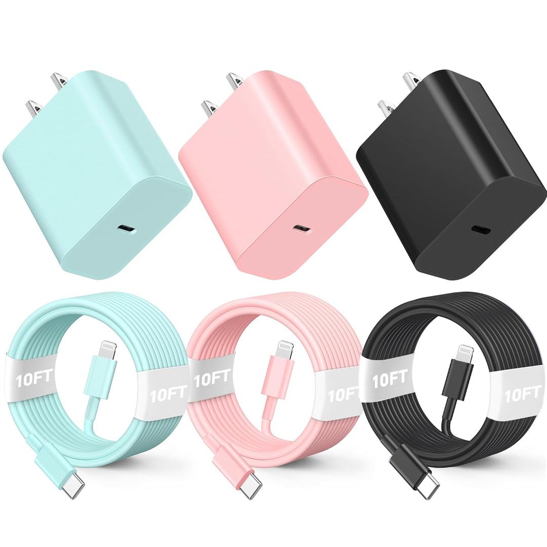 3Pack 10FT Long ightning Cable,20W Fast Charging Phonne ightning Cable Phone Charger Cord for Phone 14/13/12/12 Pro Max/11/Xs Max/XR/X,AirPods Pro-Pink/Green/Black