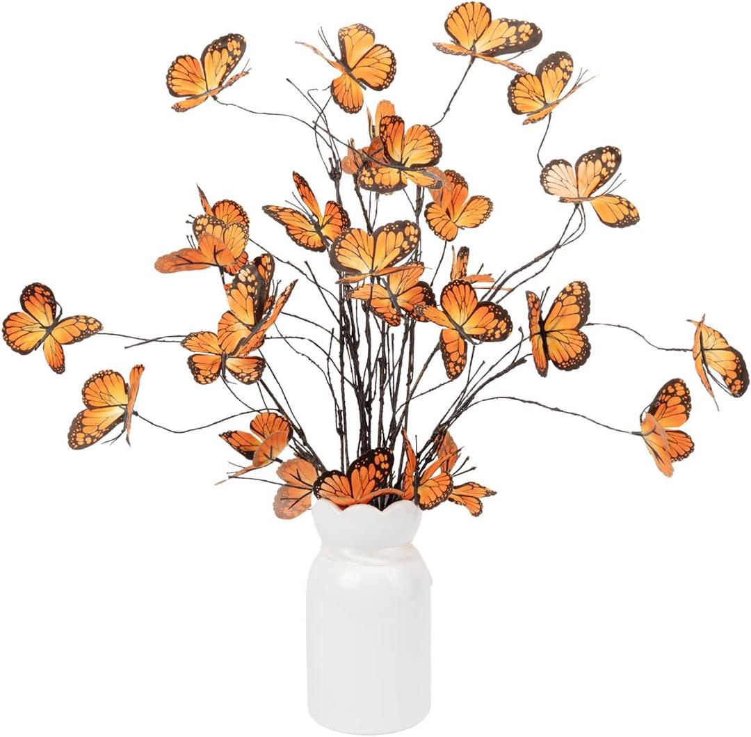 Wootkey 5 Pcs Artificial Butterfly Branches Butterflies for Crafts Silk Butterfly Decorations Fall Floral Stems Artificial Flowers for Outdoor Indoor Garden Porch Window Box Home Wedding (Orange)