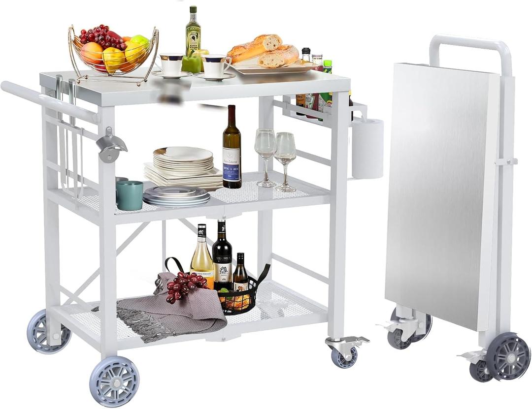 Folding Grill Table with Storage Rack, Stainless Steel Outdoor BBQ Cart, 3 Shelf Portable Grill Cart, Outdoor Kitchen Island and Pizza Oven Table for Blackstone Griddle