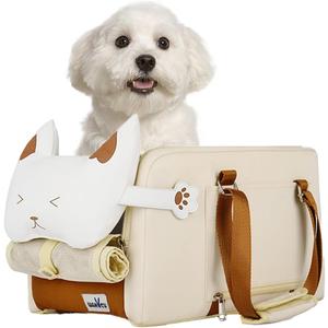 Center Console Dog Car Seat,Small Dog Car Booster Seat for Puppy with Safe Protection Hooks Adjustable Straps and Neck Pillow,15 Lbs (Beige)