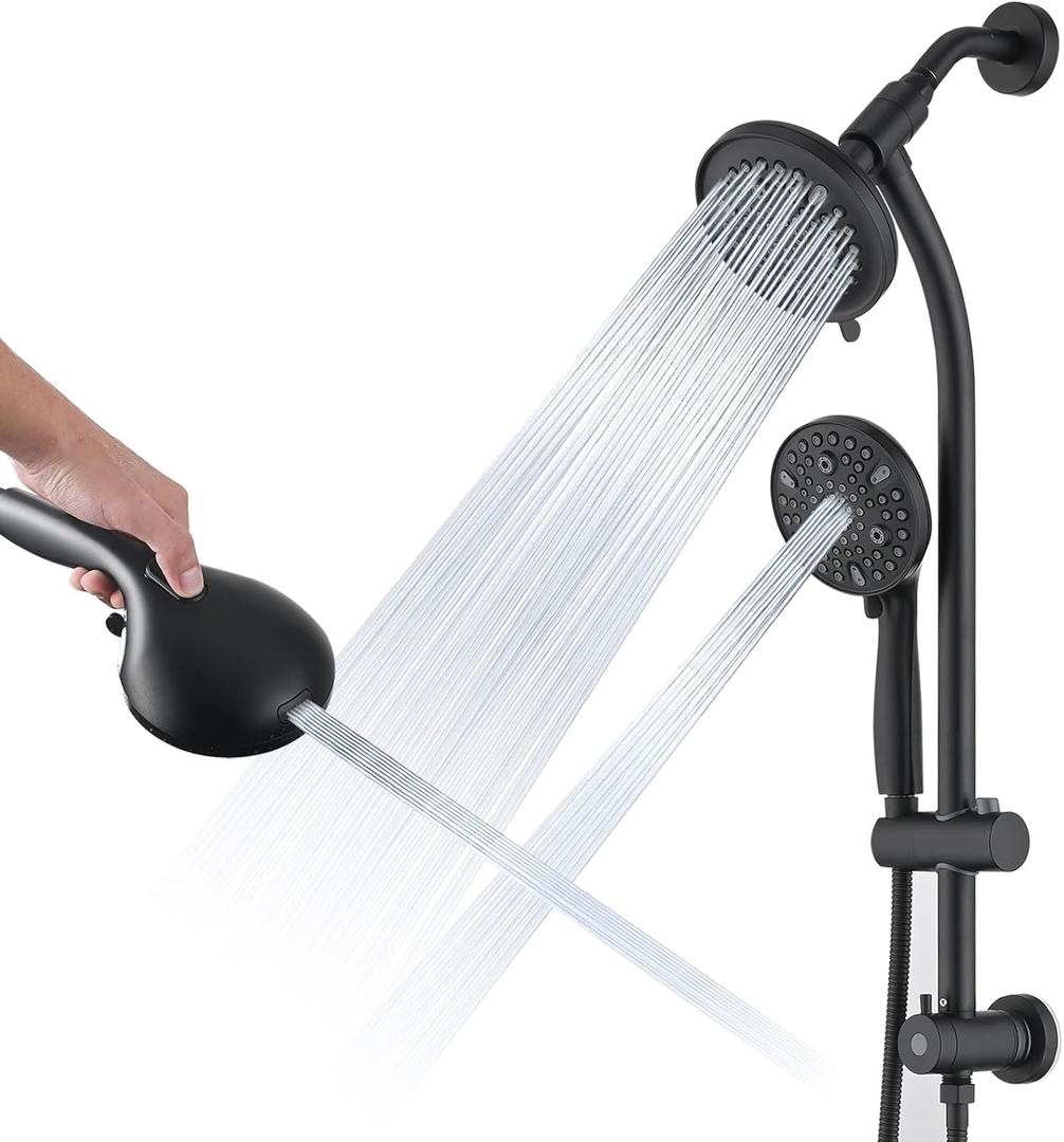 Modern Rainfall Shower Head with Handheld Shower Spray, 26-Inch Adjustable Height Slide Bar, High Pressure Dual Shower Head Combo, 3-Way Diverter for Easy Reach, 5-Foot Hose - Matte Black (Matte Black)