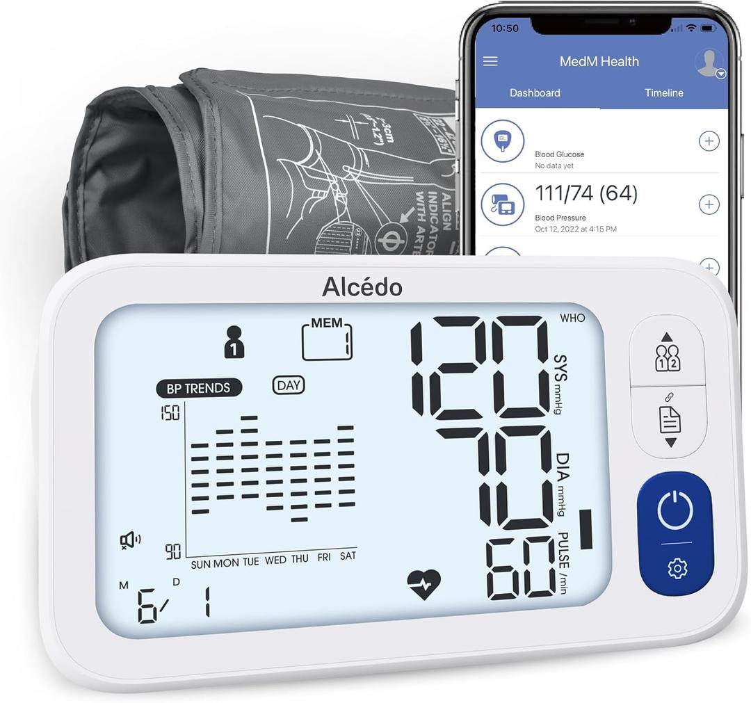 Alcedo Bluetooth Blood Pressure Monitor for Home Use, Accurate Upper Arm Smart BP Machine with Wide Range Cuff, App-Enabled for iOS & Android, Super Large Backlit Screen, 2 x 250 Memory