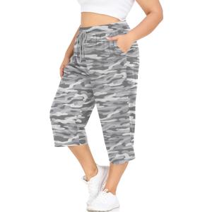 FOREYOND Plus Size Capri Pants for Women Loose Fit Yoga Pants with Pockets Workout Activewear Sweatpants (6X-Large Plus, Camouflage Grey)