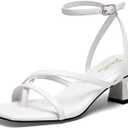 GENSHUO Women's Low Strappy Heels Sandals Open Square Toe Thong Dress Heels Comfortable Sexy Cute Ankle Strap Wedding Party Prom Summer Shoes (White)