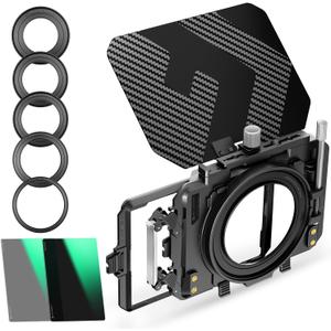 K&F Concept Mini Matte Box +ND4+ND32 Filters Kit, DSLR Matte Box with Carbon Fiber Top Flag Square Filters Trays with 67/72/77/82/95mm Adapter Rings, for 4x5.65 Square UV ND Effect Filter