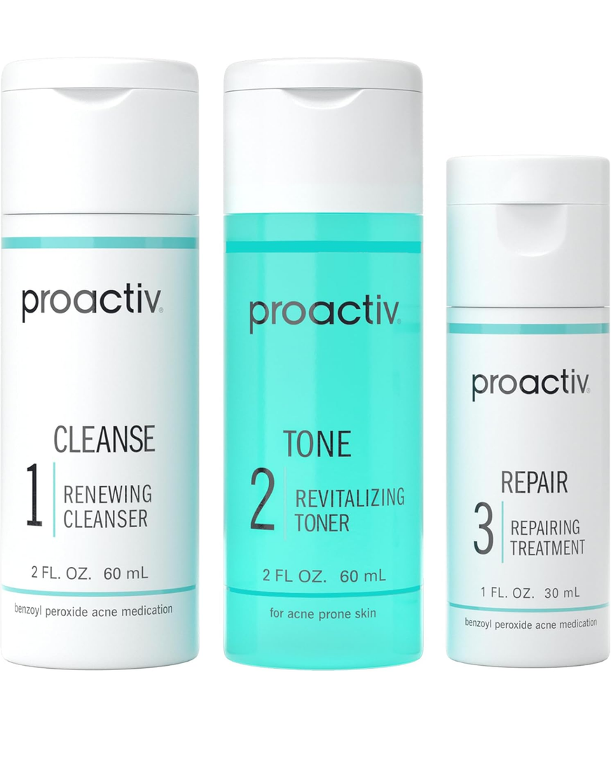 Proactiv 3 Step Acne Treatment - Benzoyl Peroxide Face Wash, Repairing Acne Spot Treatment for Face and Body, Exfoliating Toner - 30 Day Complete Acne Skin Care Kit