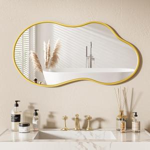 48x 27 Gold Irregular Wall Mirror, Aluminum Framed Asymmetrical Mirrors, Large Bathroom Vanity Mirror,Tempered Glass, Decorative for Wall, Bathroom Living Room Bedroom Entry Way