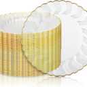 Hushee 100 Pcs Plastic Plates with Gold Trim 6'' Small Round Disposable Vintage Dessert Plates for Party Birthday Buffet Wedding Catering Celebration Reception (Clear)