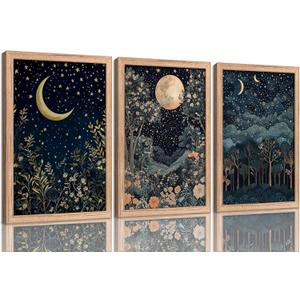 Framed Dark Moon and Forest Wall Art, Gothic Cottagecore Botanical Floral Painting Canvas Prints, Moody Night Stars Landscape Wall Decor, Dark Academia Poster Artwork for Living Room Bedroom Office