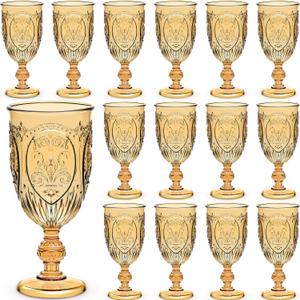 Wiwiqing 24 Pcs Plastic Goblets 7.5oz Vintage Goblet Plastic Wine Glasses Colored Retro Embossed Water Goblets for Wine Bar Juice Baby Shower Wedding Reception Grand Event Party (Amber)