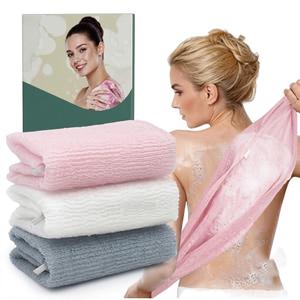 Bathway Exfoliating Washcloth, 36.8-Inch Bath Towel Body Scrubber with Hanging Strap, Back Scrubber for Shower Japanese Washcloth Loofah - Deep Clean & Rich Lather (Pink & White & Grey, Pack of 3)