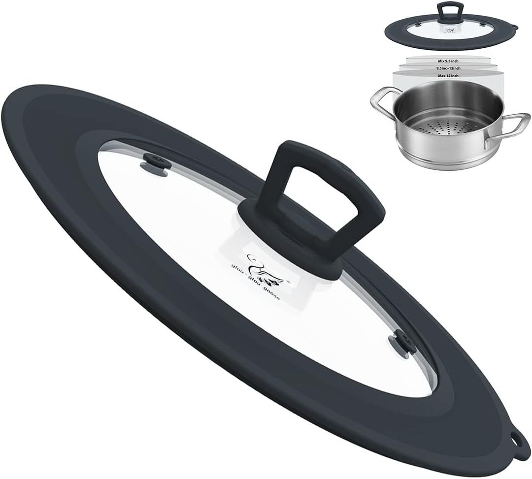 Vented Tempered Glass Universal Lid for Pot Pan Skillet with Heat Resistant Silicone Rim Microwave Splatter Lid Cover Microwave Safe Fit 9.5 10 10.5 11 Cookware, Dishwasher Safe Grey