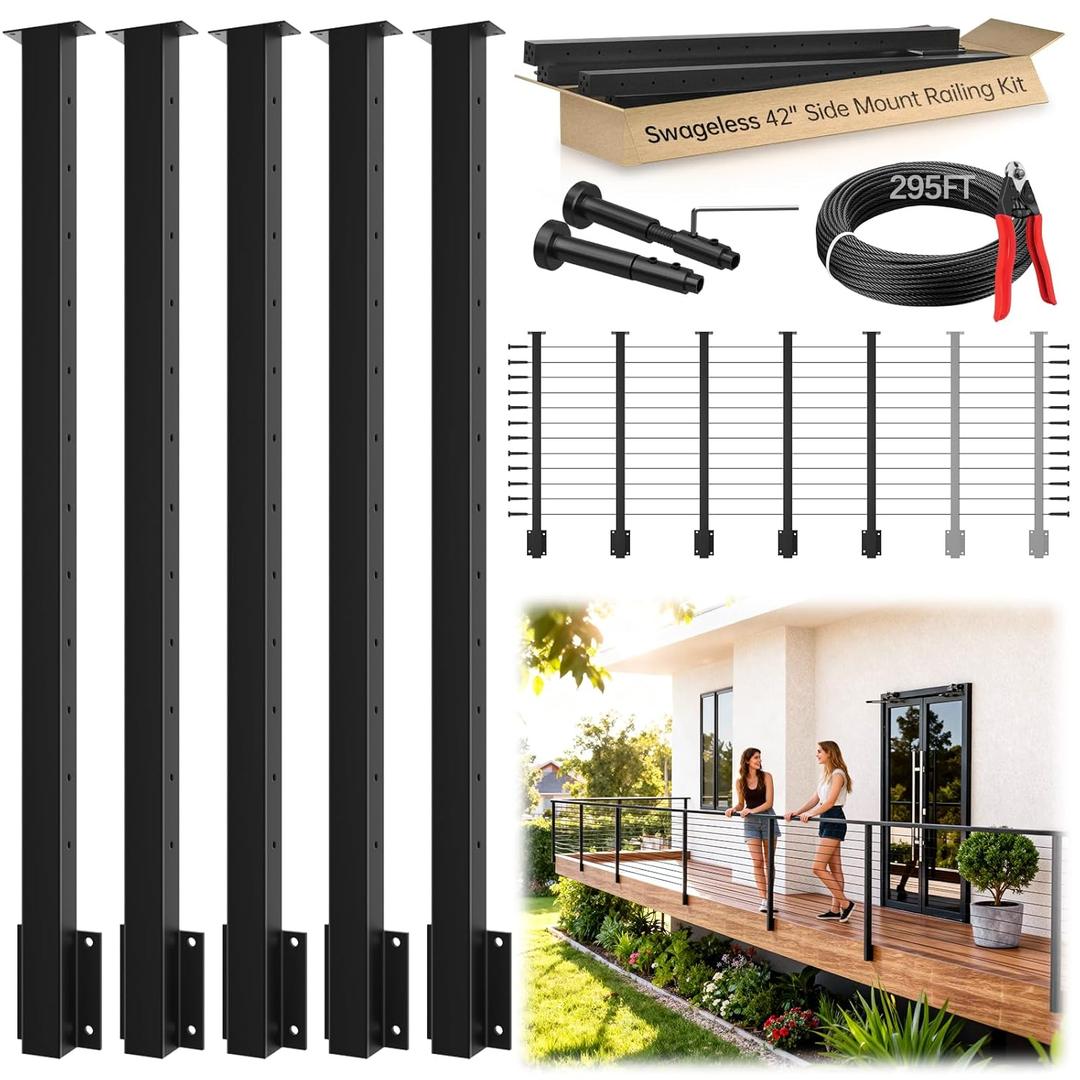 16-24FT Swageless Side Mount Cable Railing Post Kit, All Black Side Mount Railing System 42 Inch 5 Level Post, 295FT Cable, 24 Patent Terminal, Space-Saving Fascia Mount Deck Post DIY Length