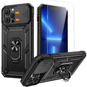 Goton Compatible for iPhone 13 Pro Max Case with Screen Protector - Slide Camera Protective Phone Cover with Ring Stand, Heavy Duty Shockproof Rugged Bumper for 13 ProMax Accessories Black