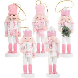 5 Pcs Christmas Pink Nutcracker Ornaments, Wooden Hanging Decorations 5 Inch Tall Nutcracker Figures for Xmas Tree Holiday Party