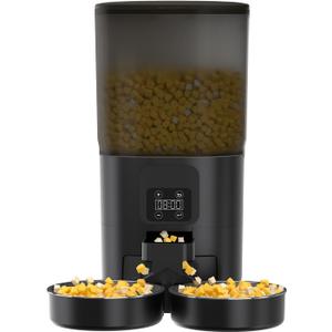 Black Automatic Cat Feeder for 2 Cats, 7L Timed Cat Dry Food Dispenser with 2 Stainless Steel Bowls, Programmable Control 1-12 Meals, Auto Pet Feeder Suitable for Multi-Pet Households